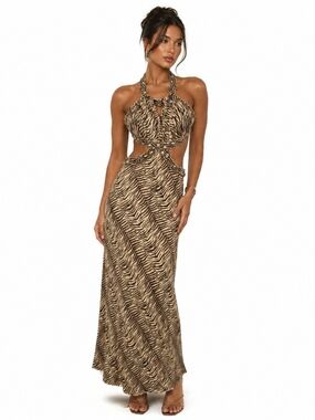 Dave & Johnny Zebra Print Cutout Halter Maxi Gown Beaded Trim Open Waist Formal